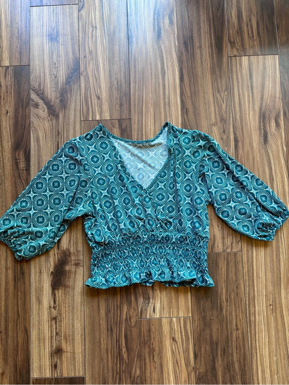 Wrangler Teal Patterned V-Neck Smocked Waist Top